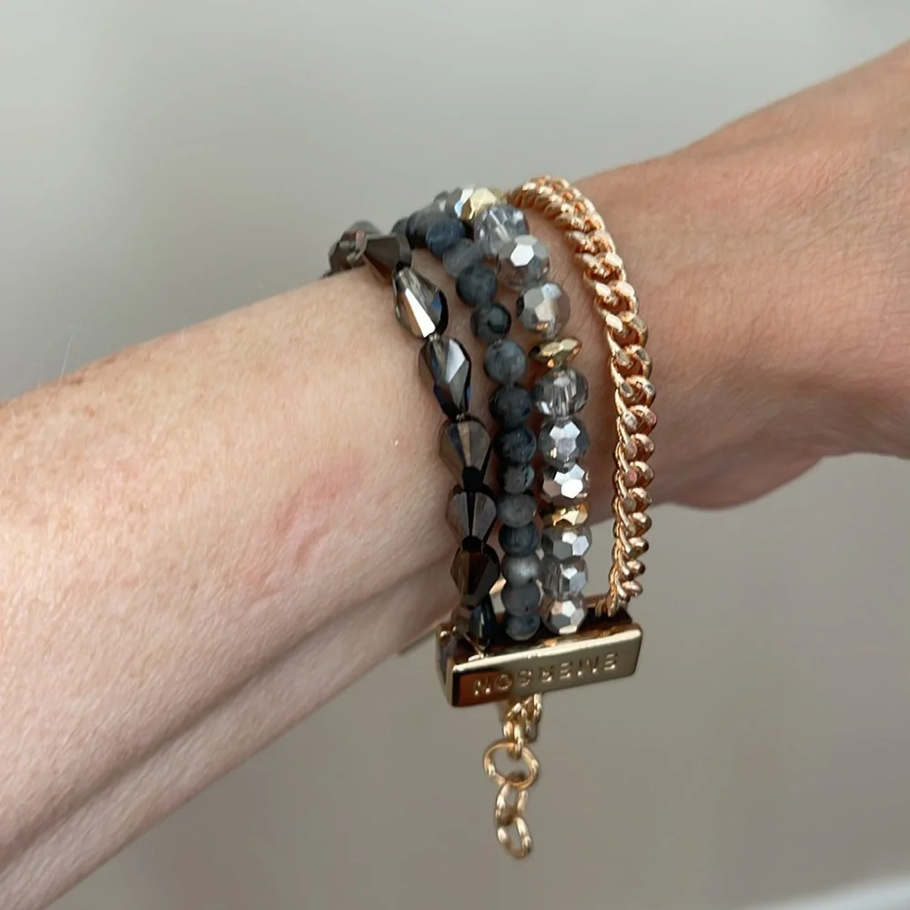 Victoria Emerson Stacked Bracelet with One Clasp Crystal, Stone & Chain - Picture 10 of 16